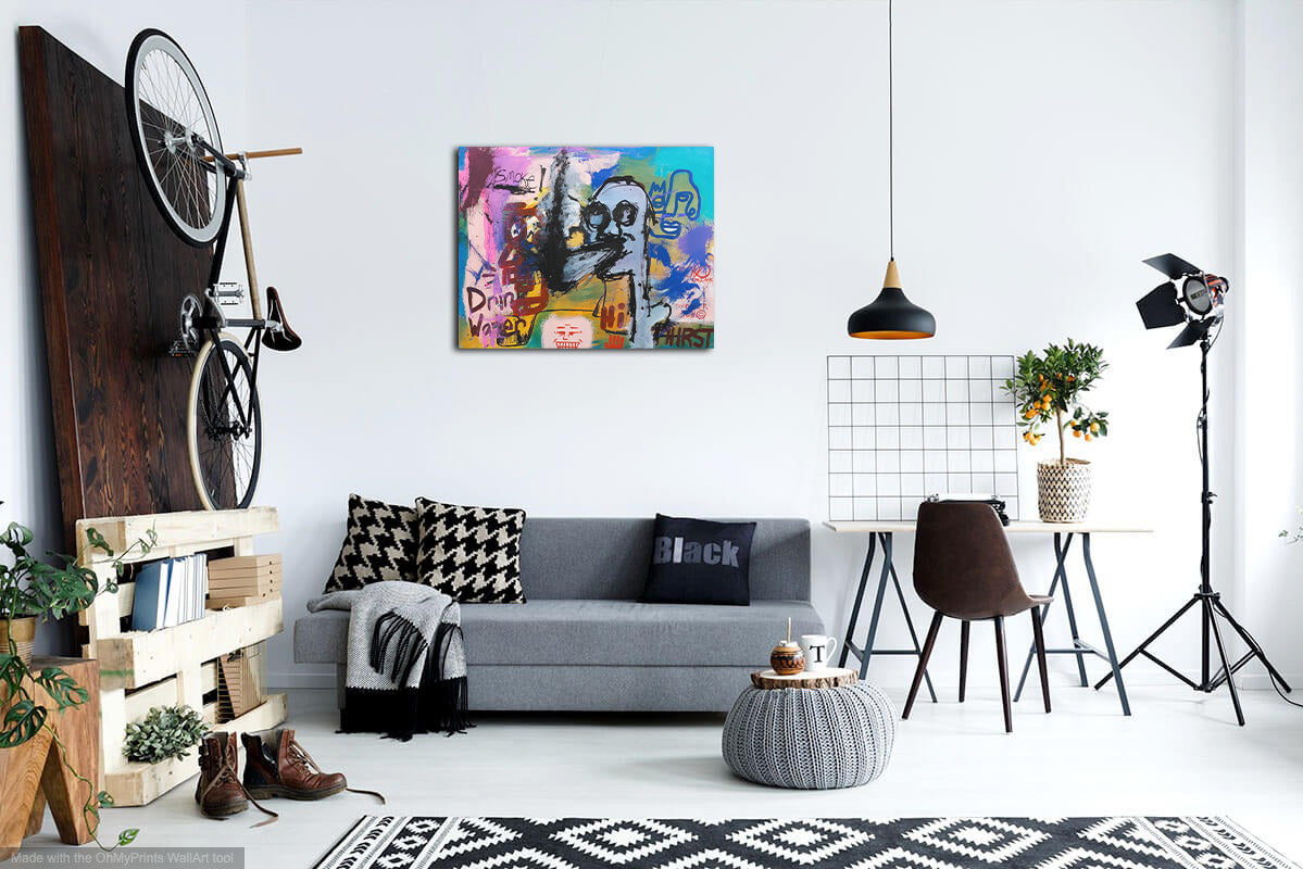 Thirst, original abstract painting by Deego with Blue, White, Orange, Brown.