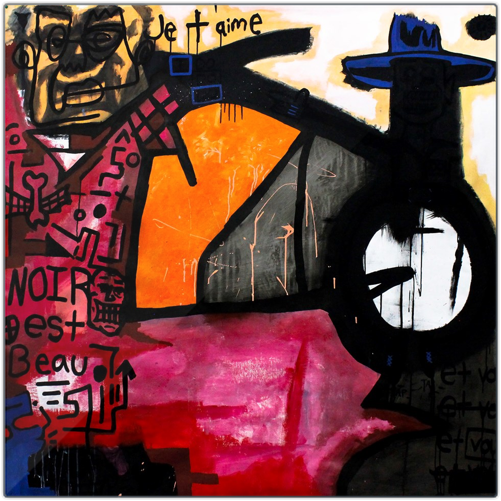 Mon Amour, original abstract painting by Deego with red, Gold, Pink, Cream.
