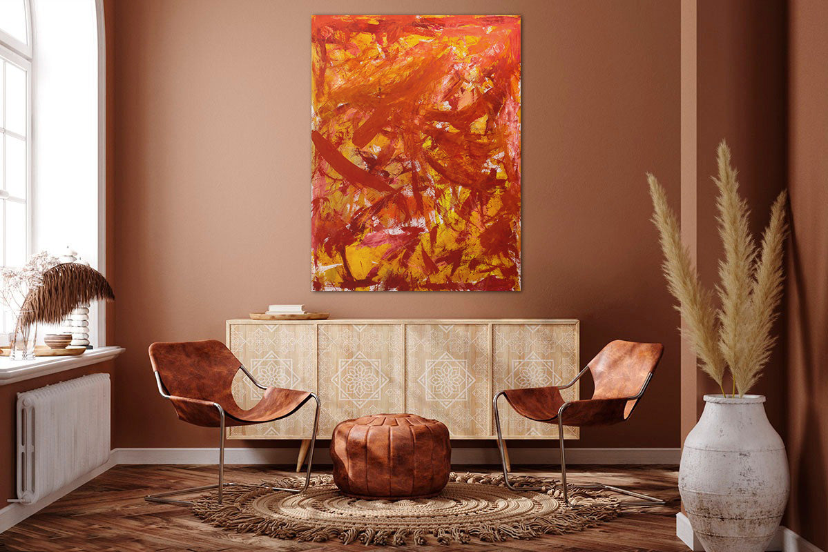 Red Bull Vibes, original abstract painting by Deego with red, Blue, Yellow, Silver.